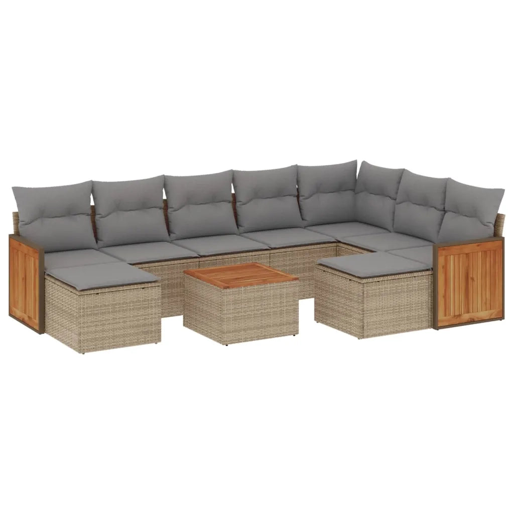 Set Divano da Giardino 10 pz con Cuscini Beige in Polyrattan