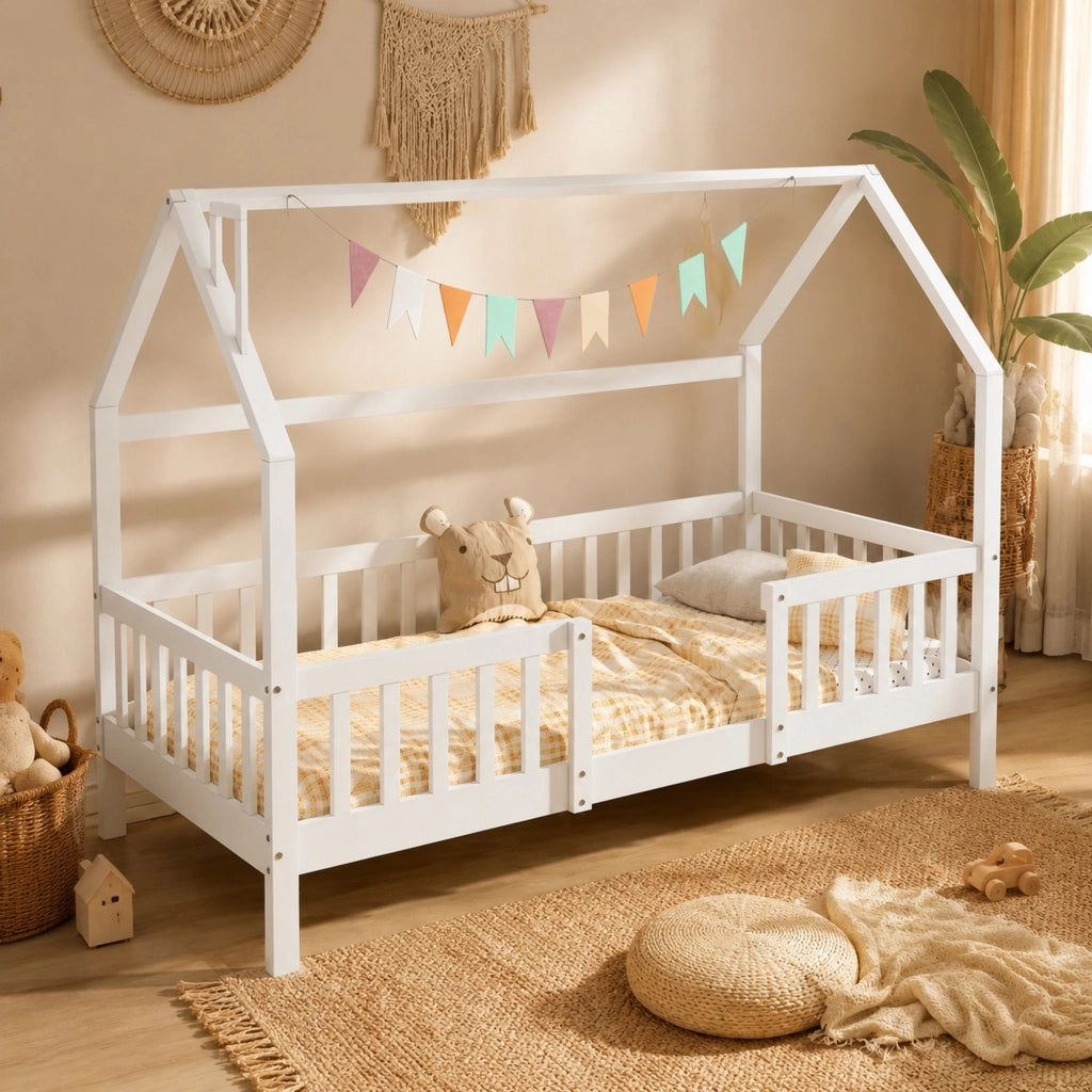 Letto a casetta per bambini 90x200 cm in legno di pino bianco con tetto e recinto, senza materasso