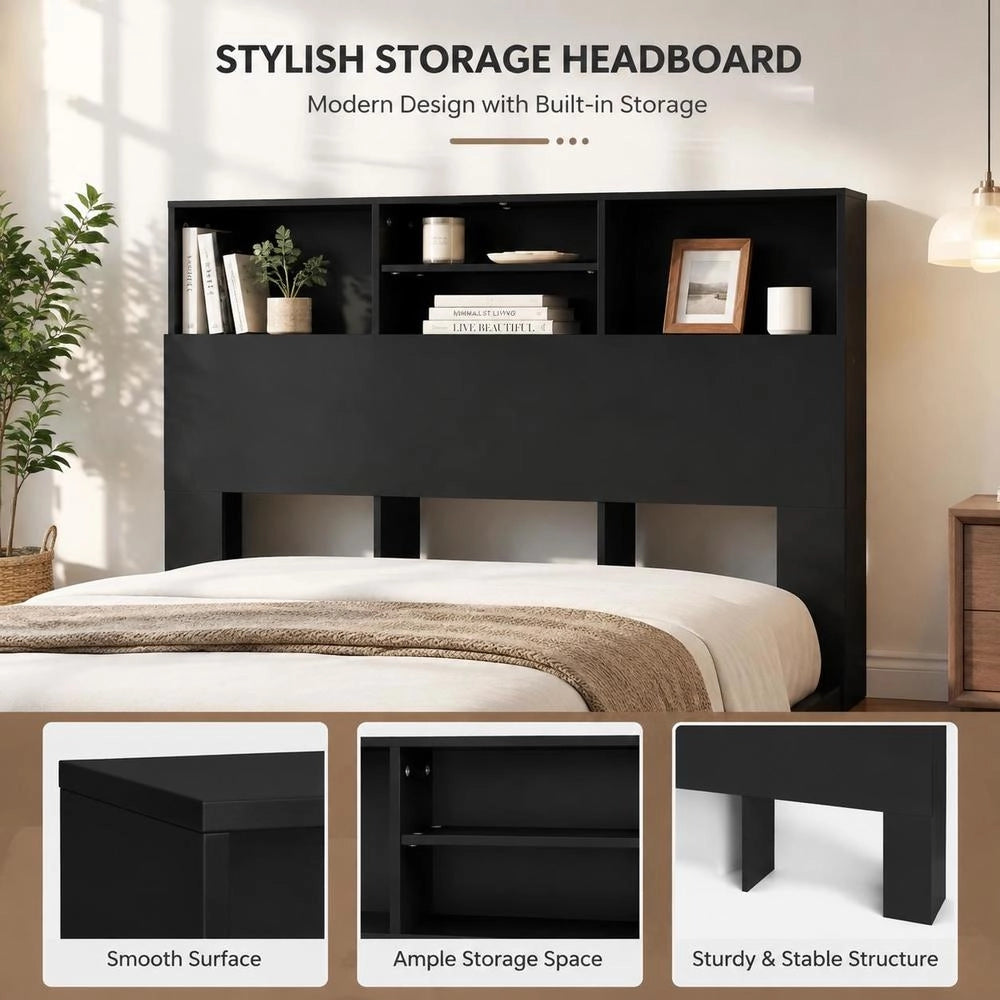 Bed Headboard With Shelves, Black, 160x19x103.5 Cm