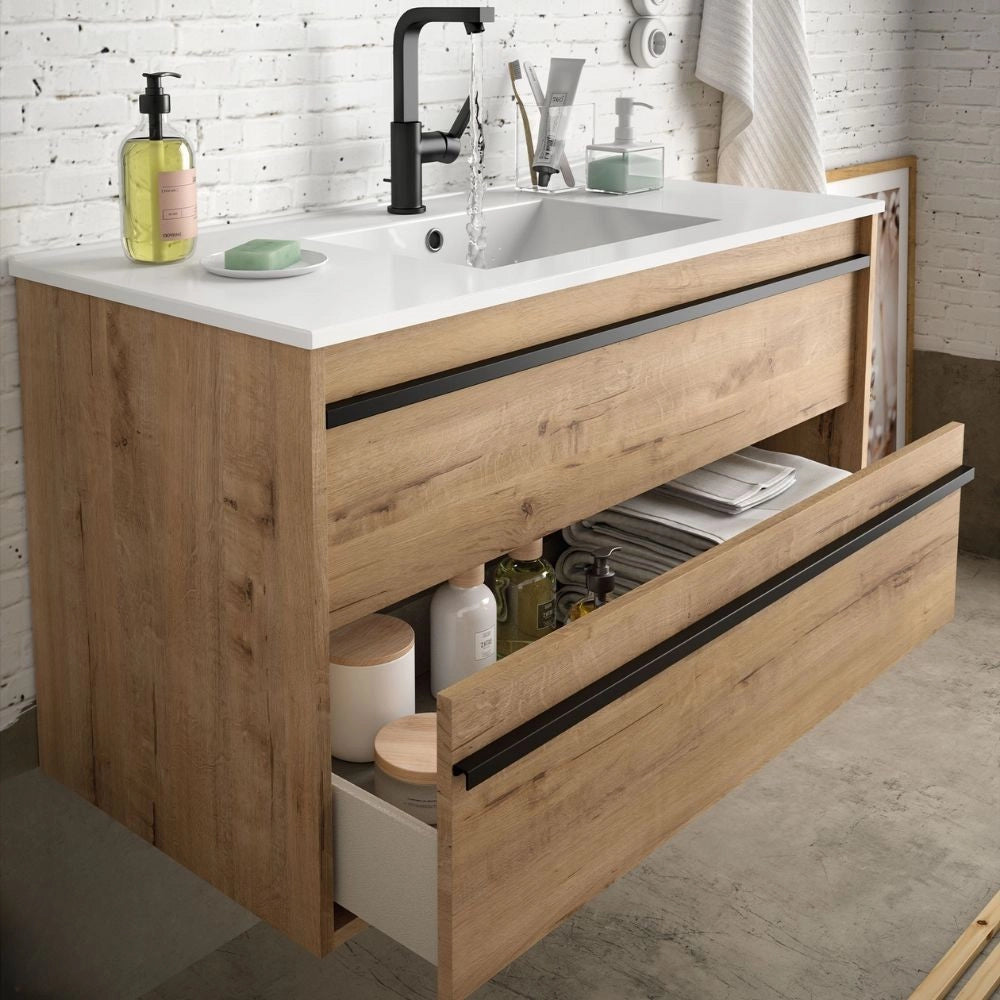 Mobile bagno sospeso Ador60 rovere ostippo con lavabo 2 cassetti 60x45x54h