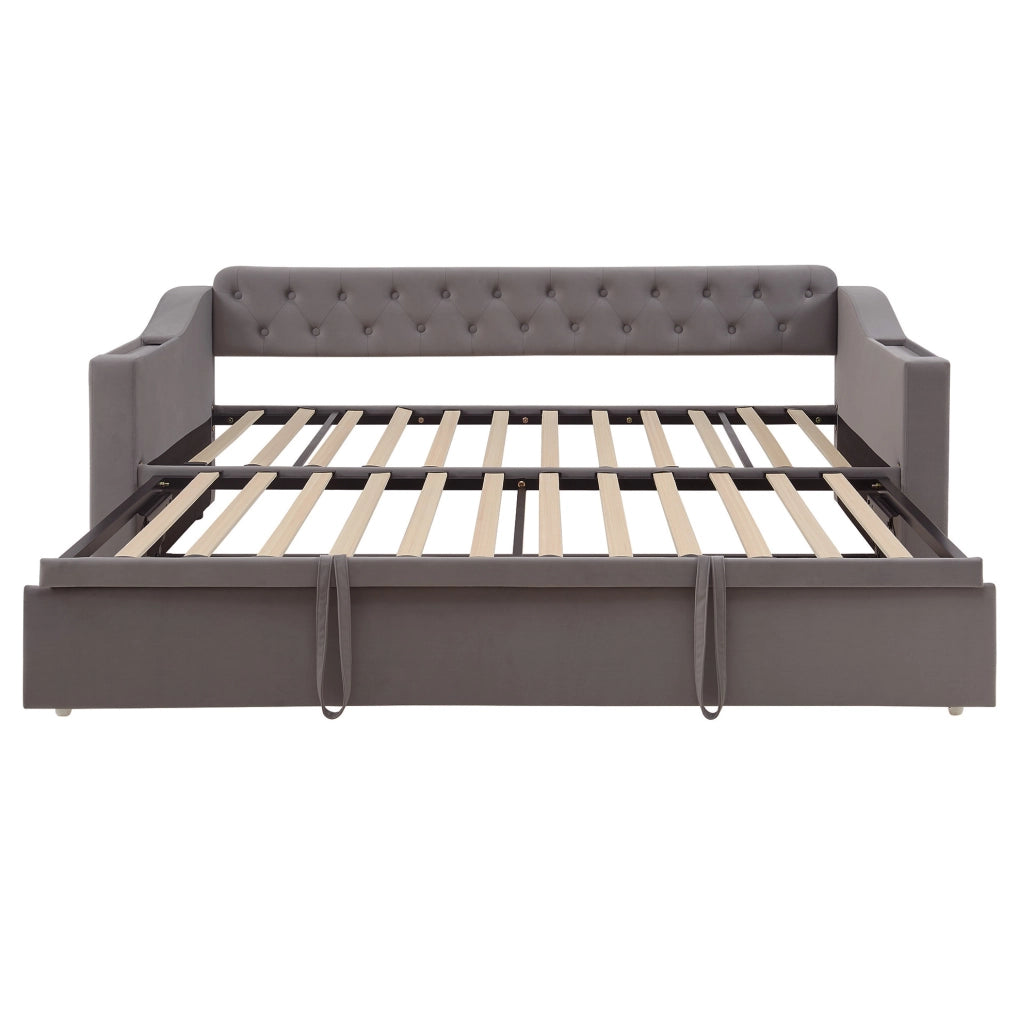 Divano letto imbottito 90x190 cm con USB e vani portaoggetti in velluto grigio