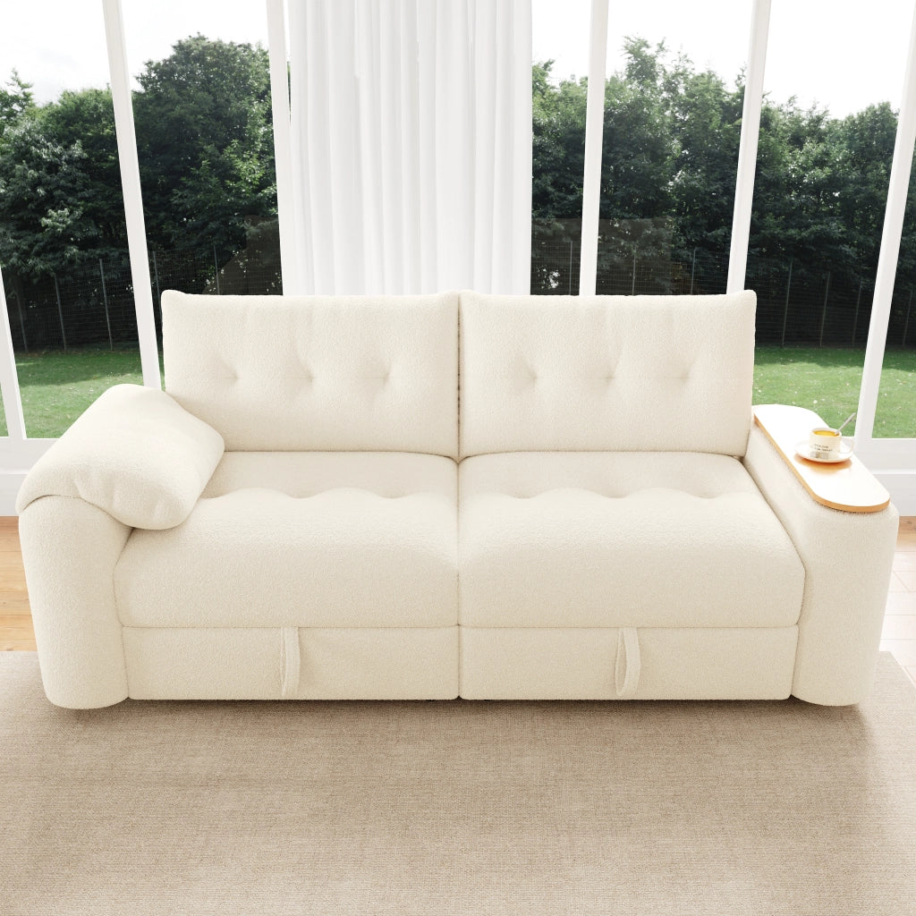 Divano modulare 2-3 posti con contenitore tavolino girevole a 270° e poggiatesta per salotto compatto in teddy beige