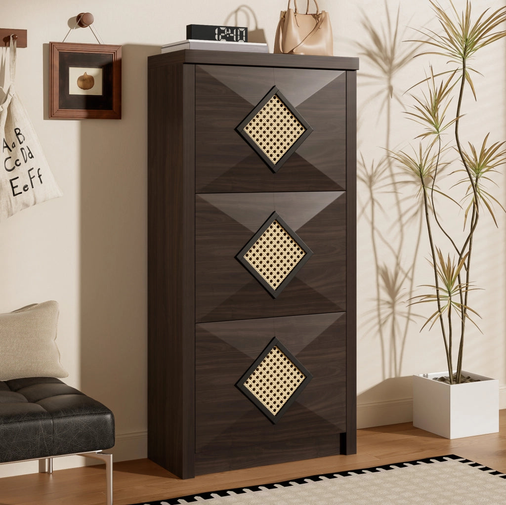 Scarpiera 54x25x115 cm con 3 ribalte e decorazione in rattan in pannello truciolare