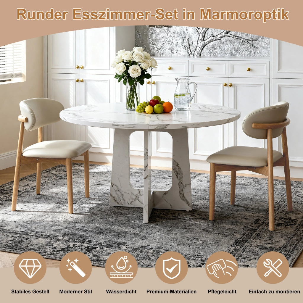 Tavolo da pranzo rotondo con 2 sedie in MDF effetto marmo bianco per soggiorno e sala da pranzo Ø 120 cm