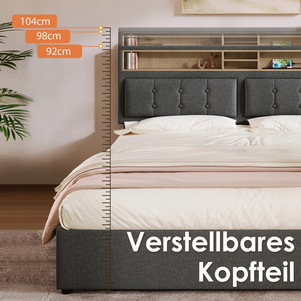 Letto 140x200 - Xylo - USB C, rivestimento in lino, con materasso