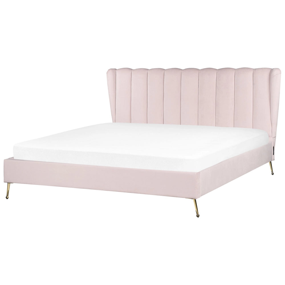 Letto in velluto rosa chiaro rivestito con gambe in metallo dorato UE Dimensioni doppie 180 x 200 cm con testata con porta USB Camera da letto moderna e glam.