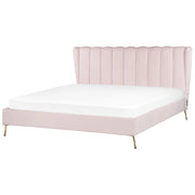 Letto in velluto rosa chiaro rivestito con gambe in metallo dorato UE Dimensioni doppie 180 x 200 cm con testata con porta USB Camera da letto moderna e glam.