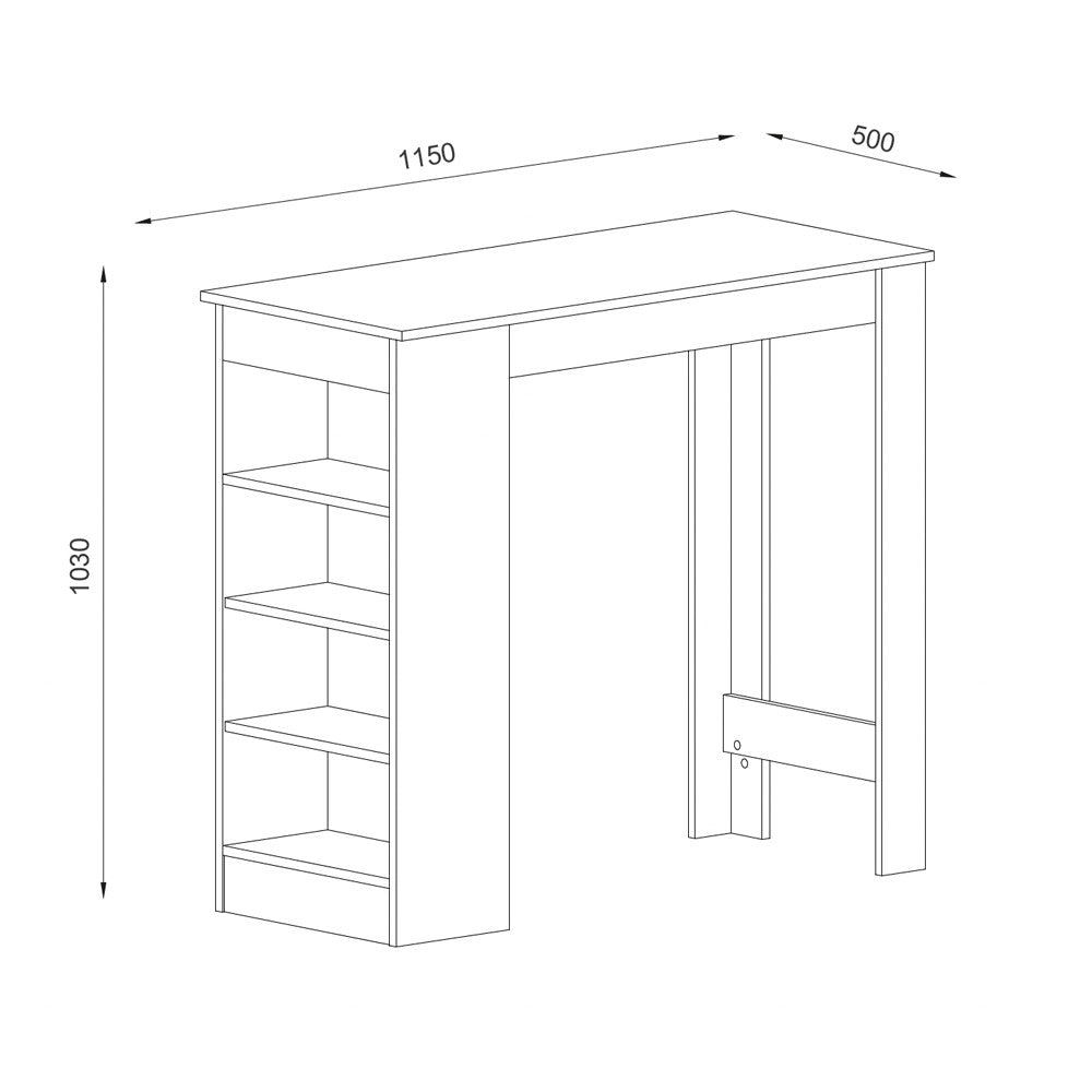 Tavolo snack alto Kivo bianco e rovere con 3 ripiani laterali 115x50x103H