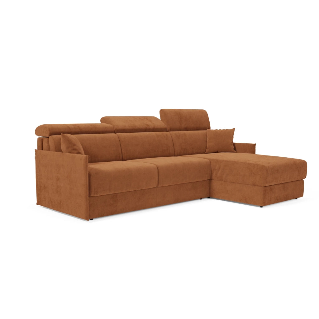 Miryam divano letto angolare compatto - poggiatesta reclinabili e penisola contenitore in tessuto smacchiabile T31 252 cm sinistro arancio ruggine