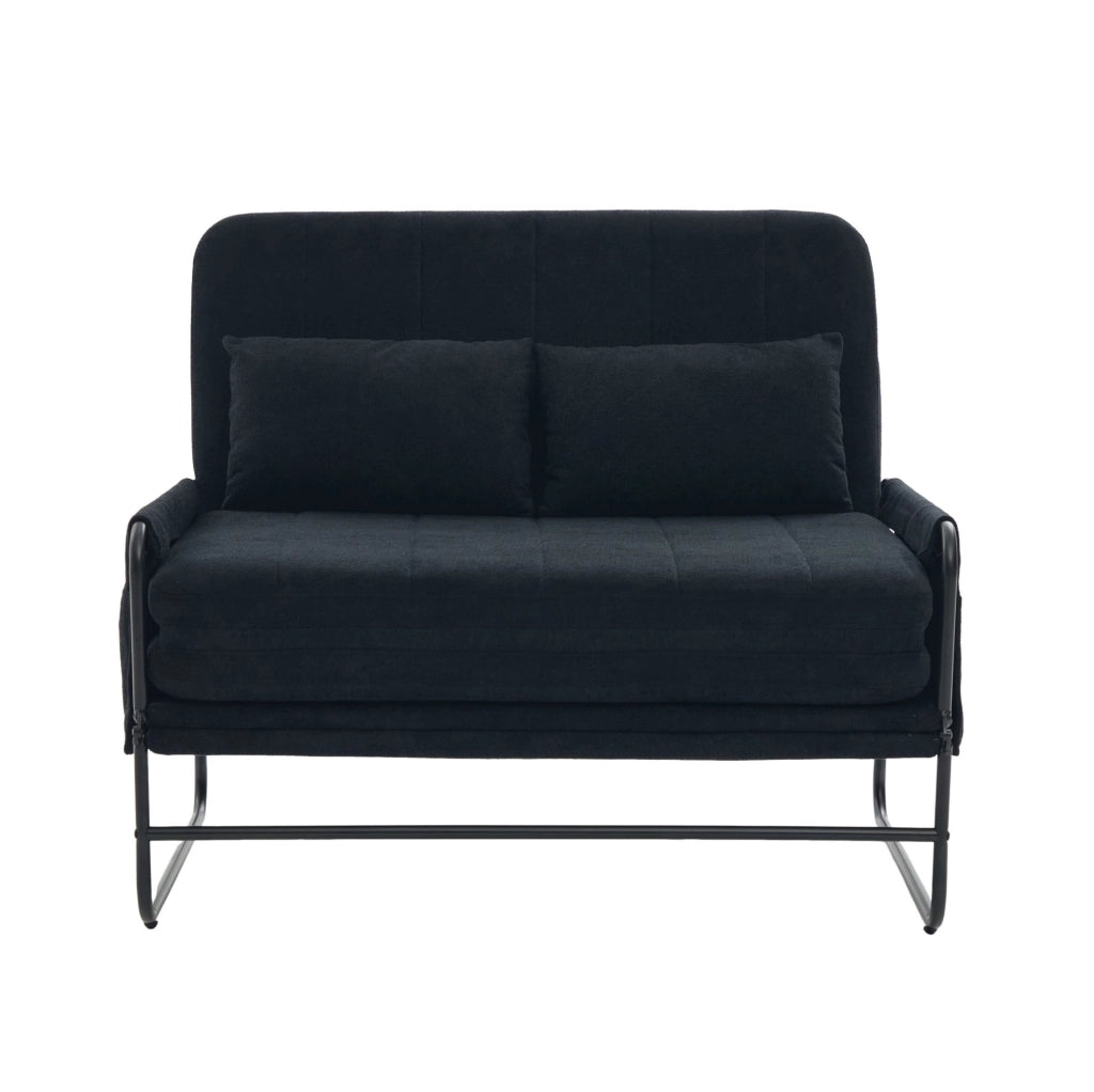 Divano letto 2 posti 104x85x92 cm nero in ciniglia, metallo e tasche laterali