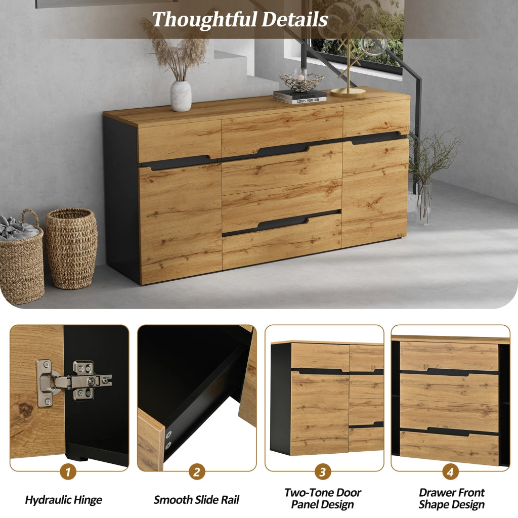 Credenza e madia con 2 ante e 4 cassetti, per soggiorno, in truciolato, color legno e nero, 160 × 40 × 80 cm