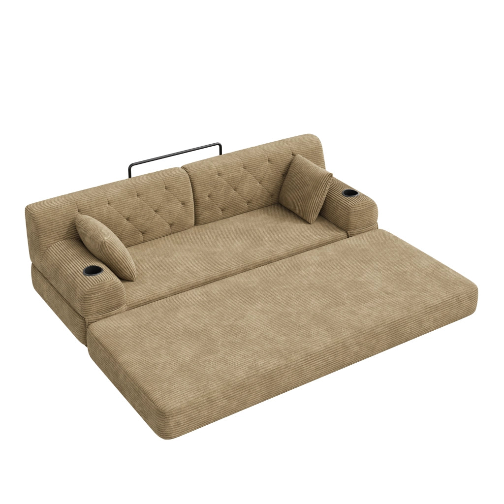 Divano letto 3 posti - con schienale alto e portabicchieri - in velluto a coste khaki