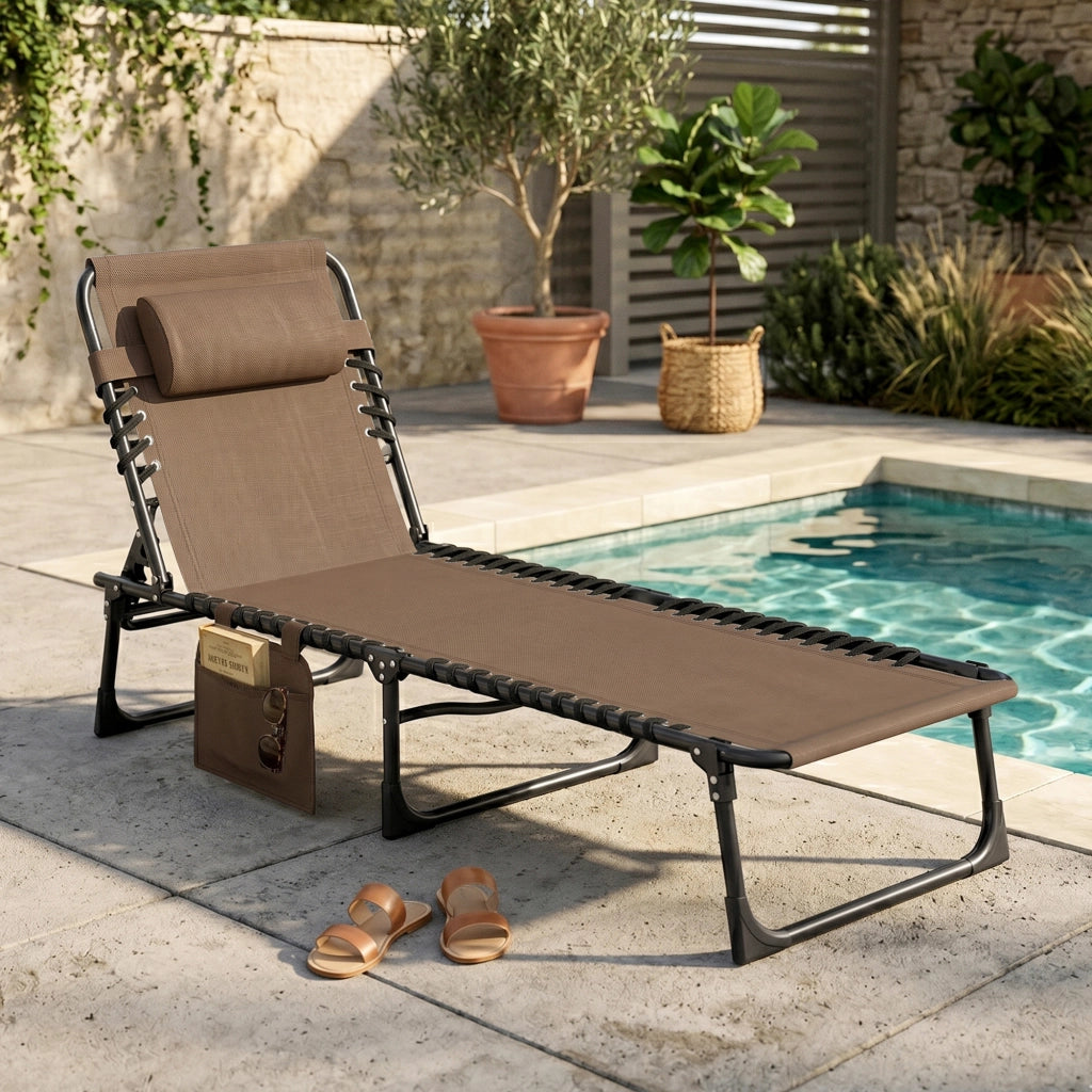 Poltrona Pieghevole per Esterno con Schienale Regolabile e Struttura in Acciaio ¨C zephmum ¨C Marrone 189x58x30 cm