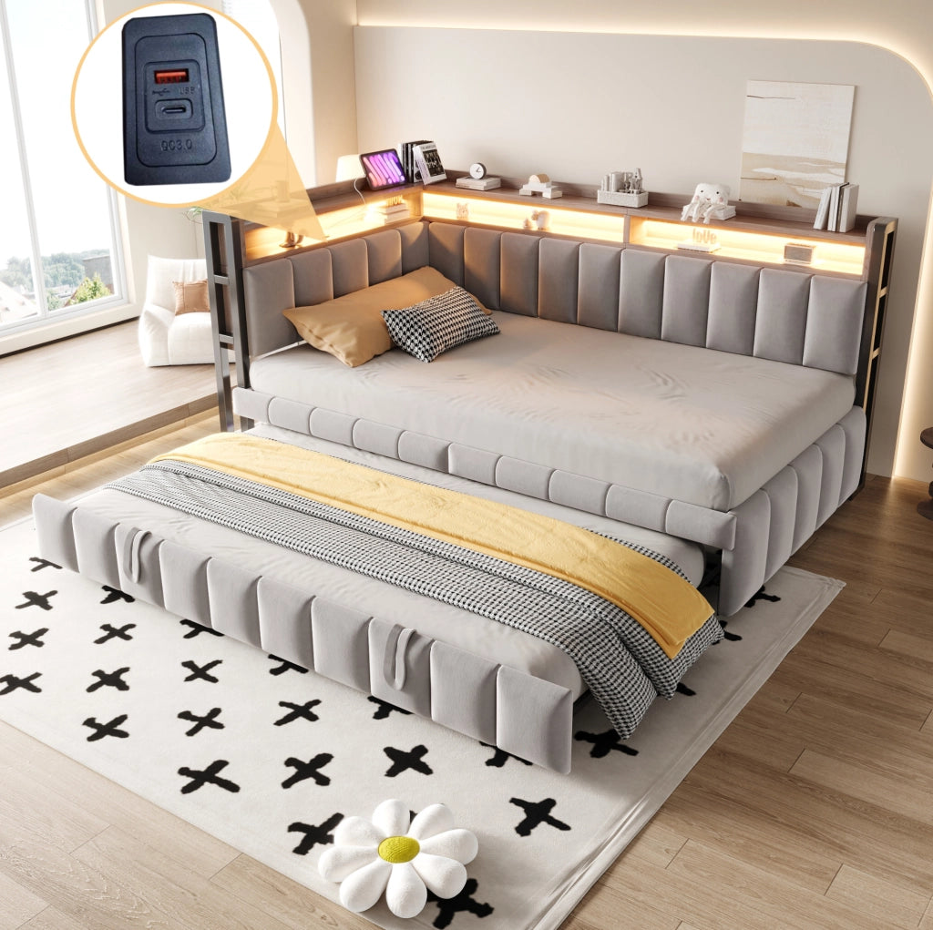 Divano letto 90x200 cm con letto estraibile, LED, USB e vani portaoggetti