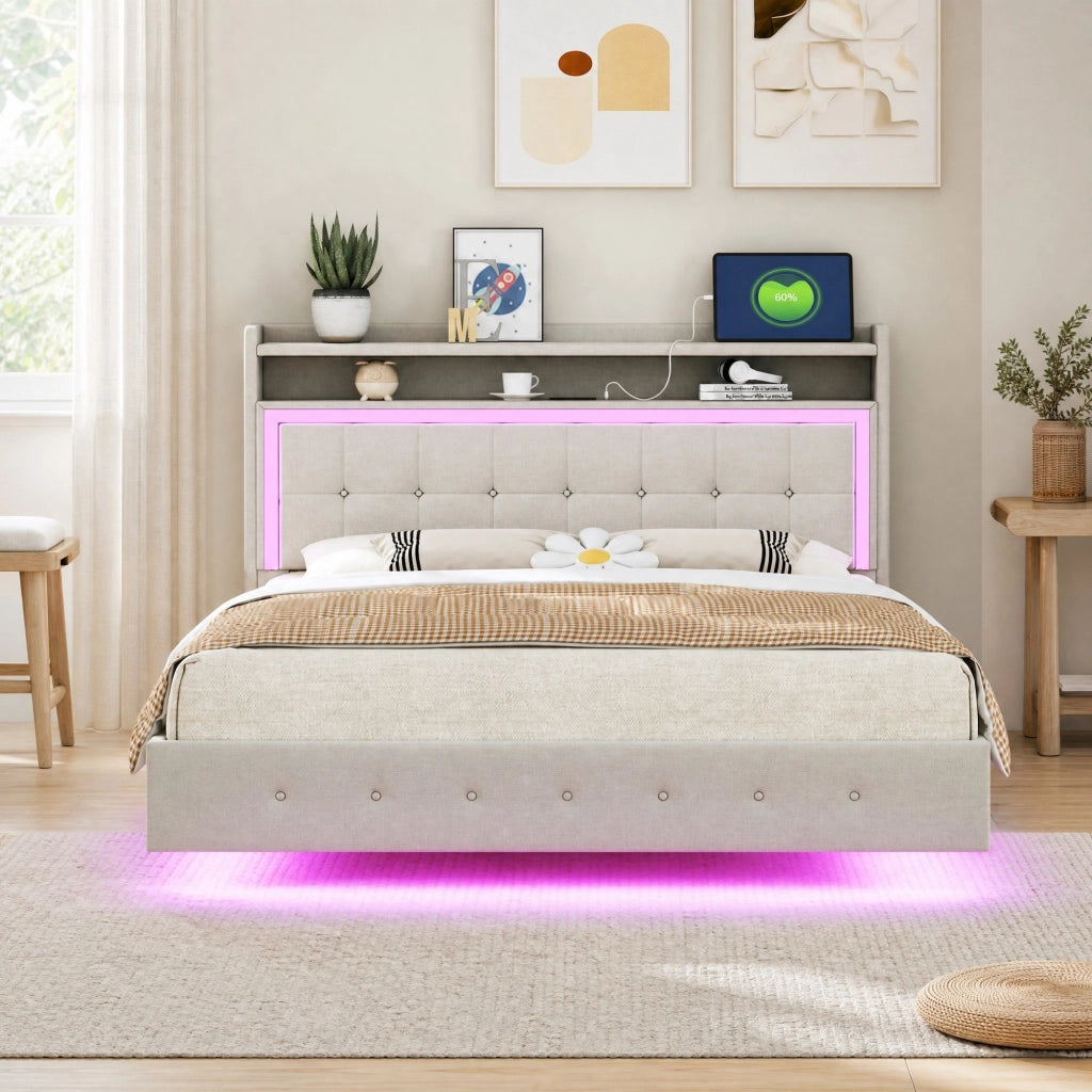 LETTO imbottito 140x200 cm beige in lino con USB e luci LED