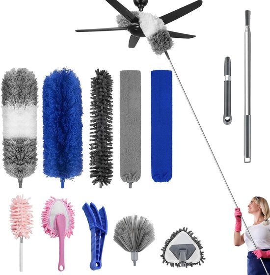 13 pezzi di spazzola a plumeau telescopica lavabile lunghezza totale 280 cm con microfibre spazzola di stoffa estendibile con ventilatore per plafoni con libellula e ragnatele per auto (blu)