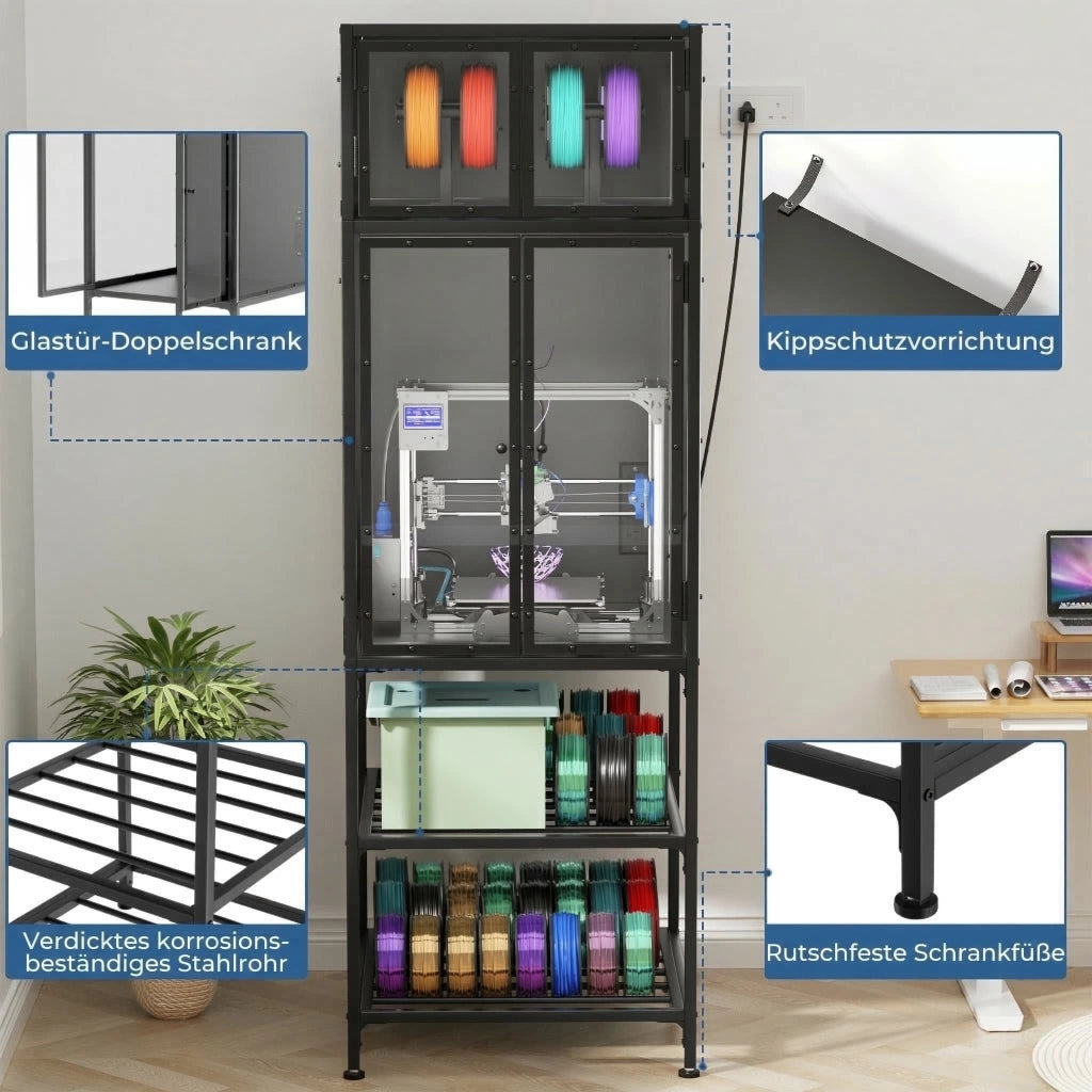 Mobile contenitore per stampante 3D con ripiani per filamenti, in metallo, nero, 175.5 × 58.9 × 59.9 cm