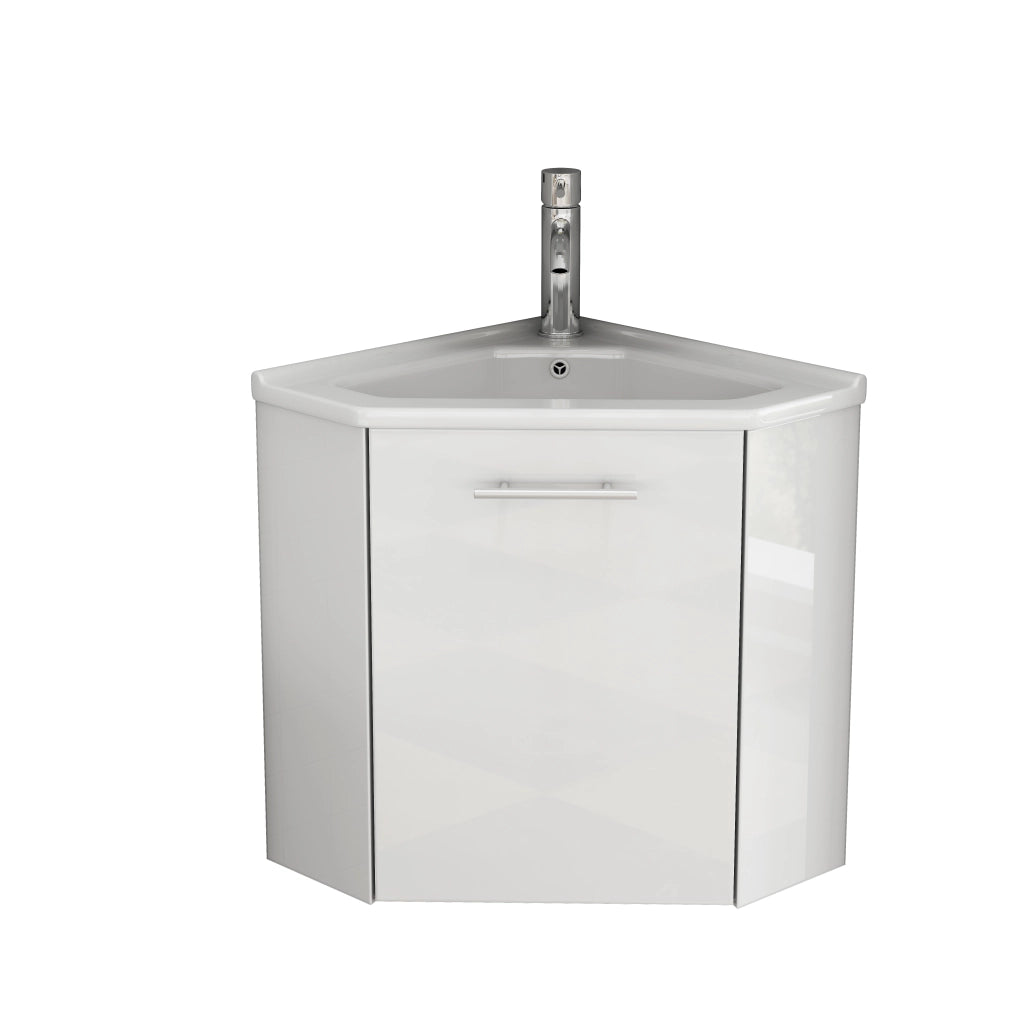 Mobile angolare da bagno con lavabo in ceramica lucida e paraspruzzi, completamente preassemblato per una facile installazione, lavabo angolare