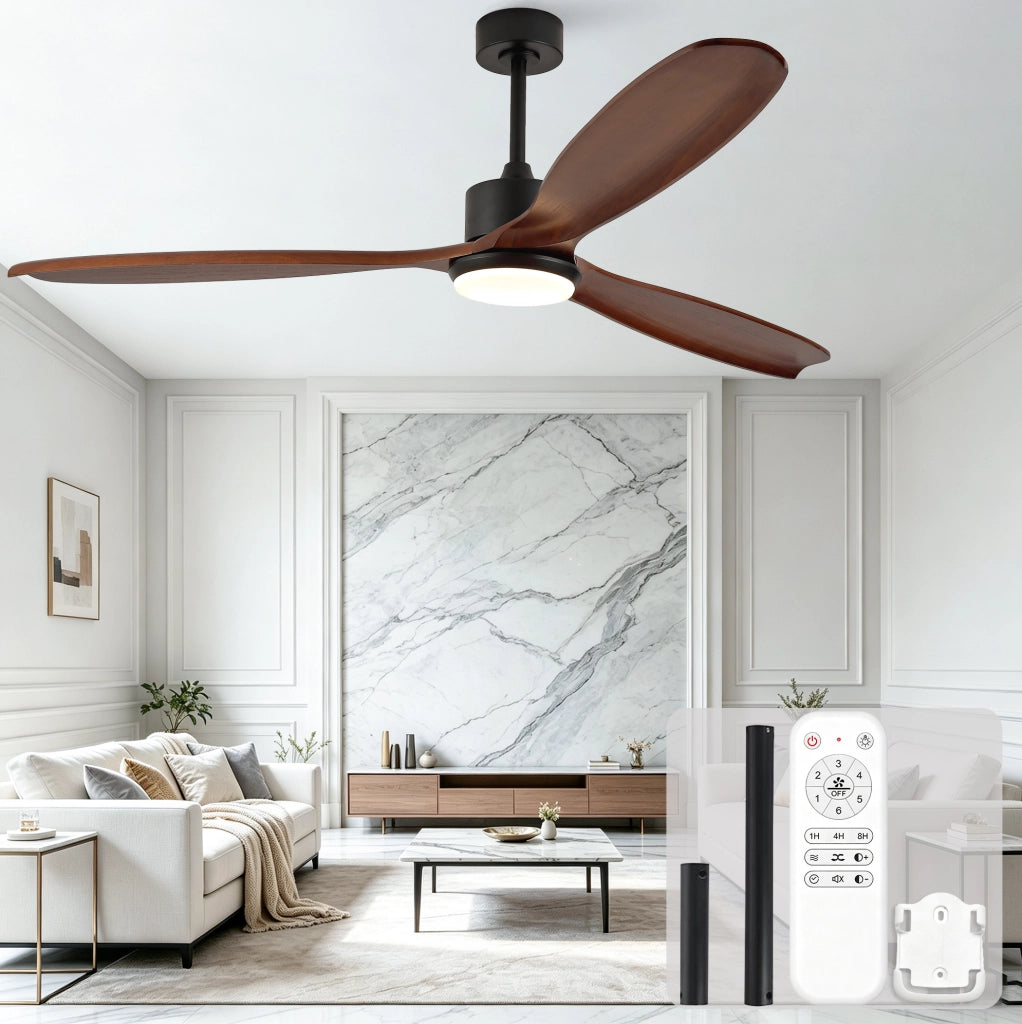Ventilatore da soffitto 70" a 3 pale in legno massello con LED e telecomando