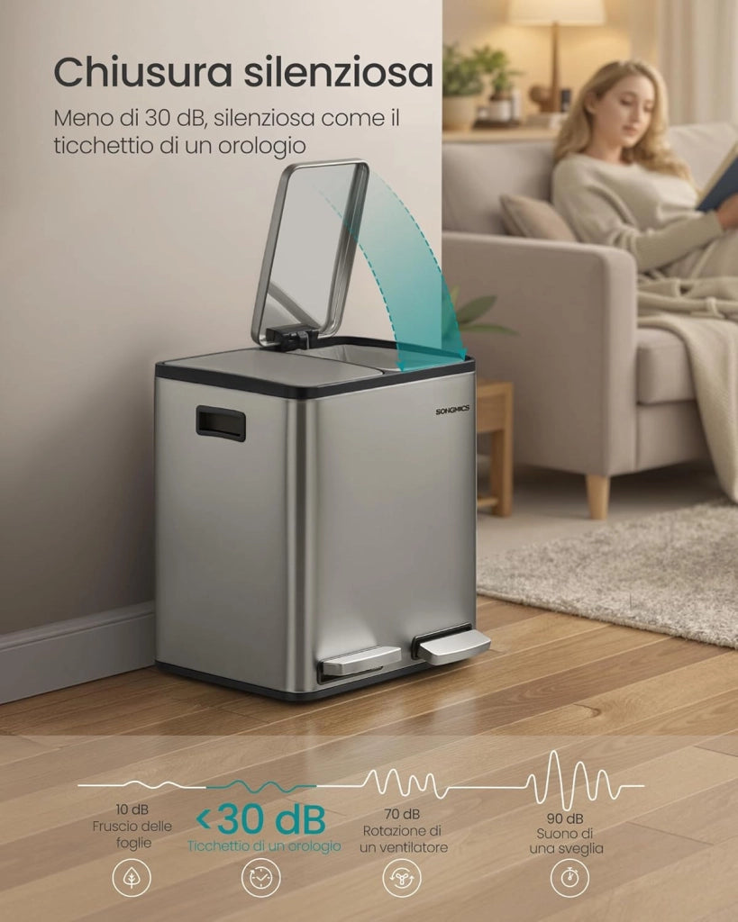SONGMICS Pattumiera Cucina 2 x 15 L, Cestino per Raccolta Differenziata 2 Scomparti, 15 Sacchetti, Secchi Rimovibili, Coperchio, Maniglie, Chiusura Morbida, Acciaio Inox, Argento LTB130EZ01