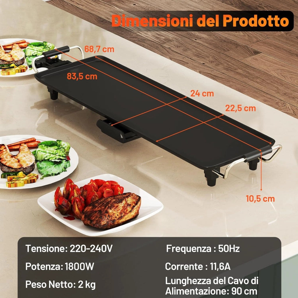 1800W Piastra Elettrica, Barbecue Elettrico con Temperatura Regolabile, Termostati e Vassoio di Sgocciolamento, Griglia Antiaderente (70 x 22 cm)