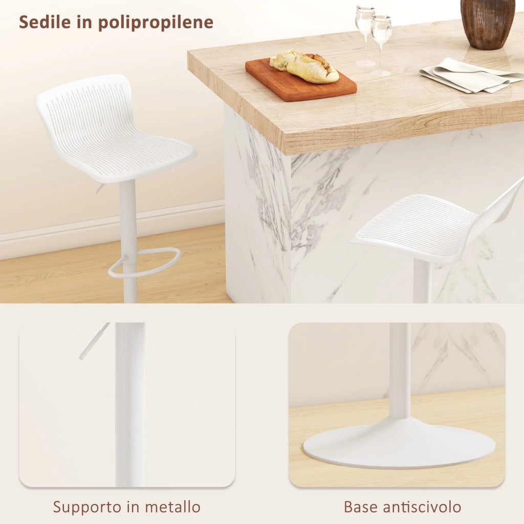 Set 2 Sgabelli da Bar con Schienale Altezza Regolabile 76,5-97,5 cm in PP Bianco