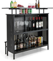 Tavolo da bar con 1 ripiano rialzato e 6 portabicchieri, tavolo da vino a 4 livelli, tavolo da cucina con poggiapiedi in stile industriale, nero, 120 x 50 x 106,5 cm