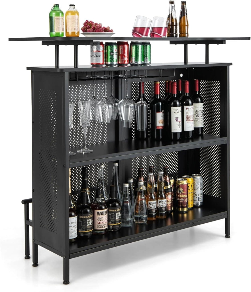 Tavolo da bar con 1 ripiano rialzato e 6 portabicchieri, tavolo da vino a 4 livelli, tavolo da cucina con poggiapiedi in stile industriale, nero, 120 x 50 x 106,5 cm