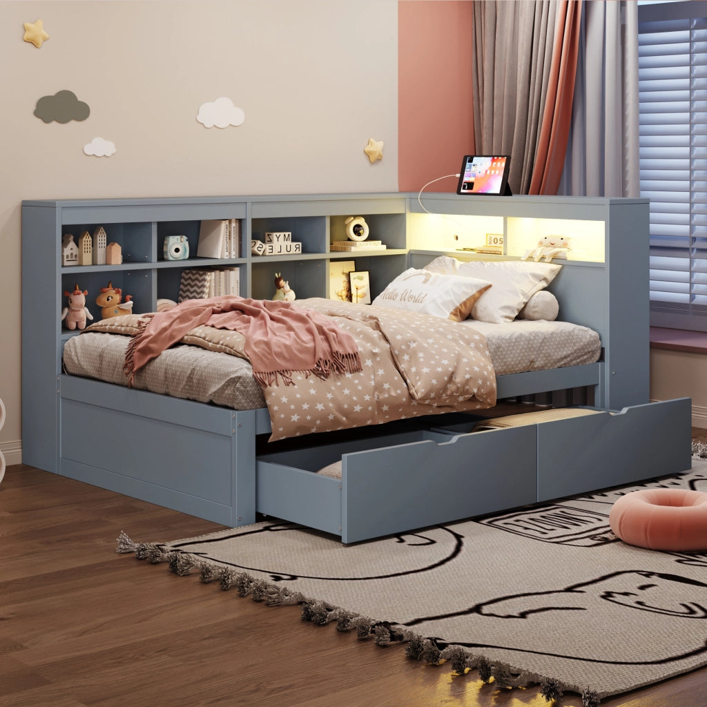 LETTO divano 90x200 cm con cassetti USB LED in legno grigio