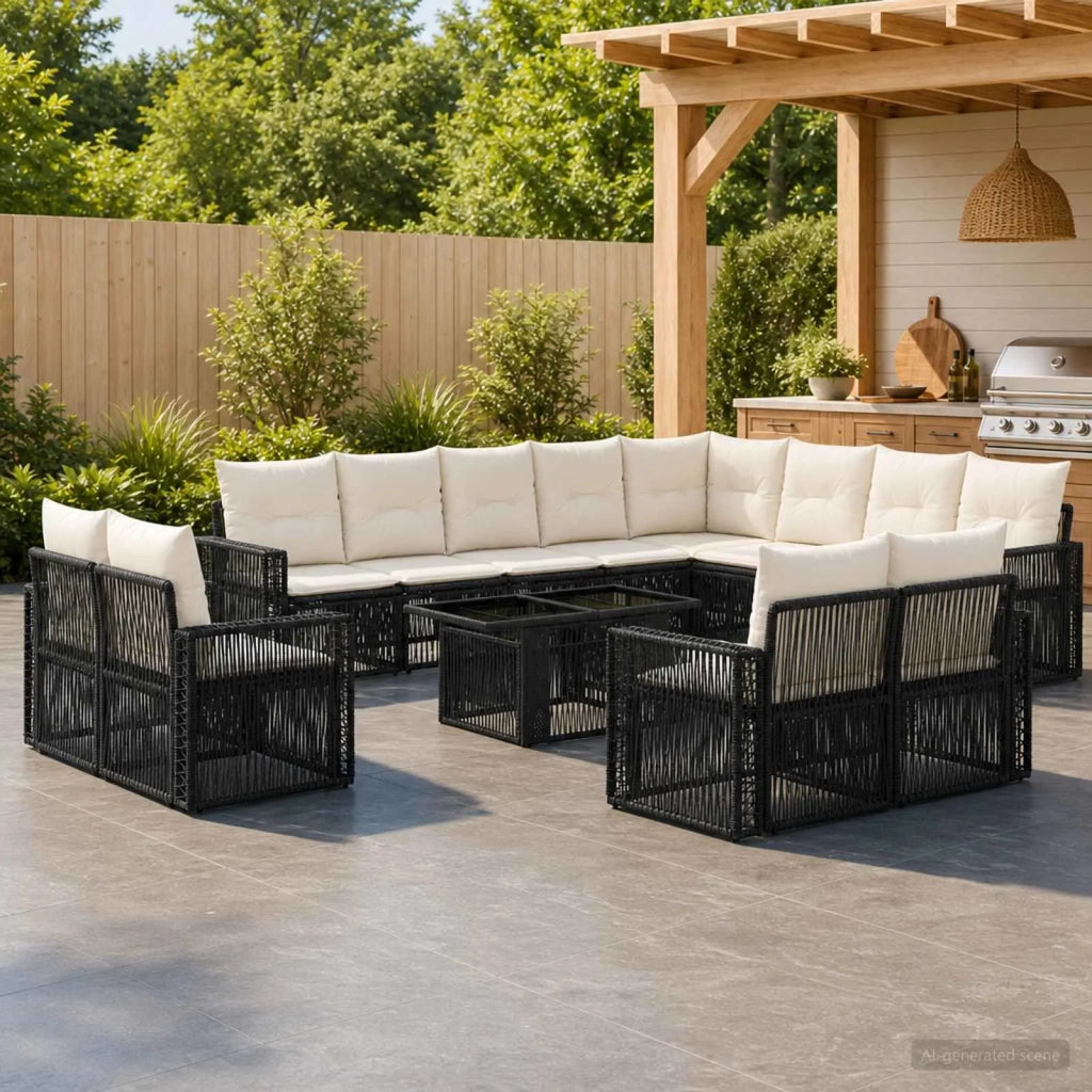Set Divano da Giardino 13 pz Nero e Bianco Crema polyrattan 3436873