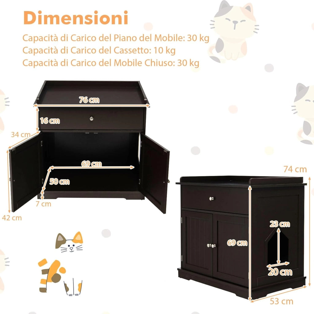 Mobile Lettiera per Gatti con 2 Ante e Cassetto, Armadio per Gatto in Legno con Ingresso Laterale, Grotta Rifugio Multiuso per Soggiorno, Camera da Letto e Ingresso, 76 x 53 x 74 cm