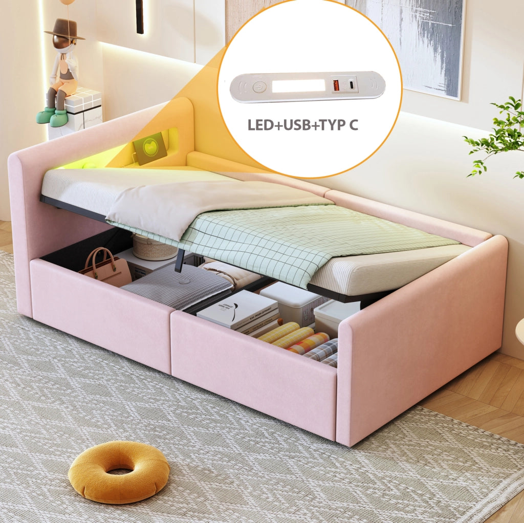 Letto imbottito per bambini 90x200 cm in velluto rosa con LED; luce notturna; USB e contenitore