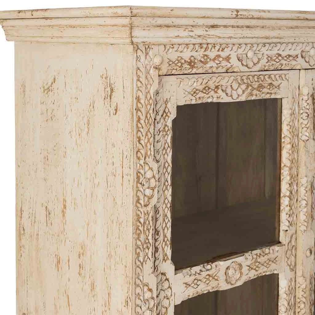 Vetrina in legno intagliato beige fatta a mano, 106x43x180h cm