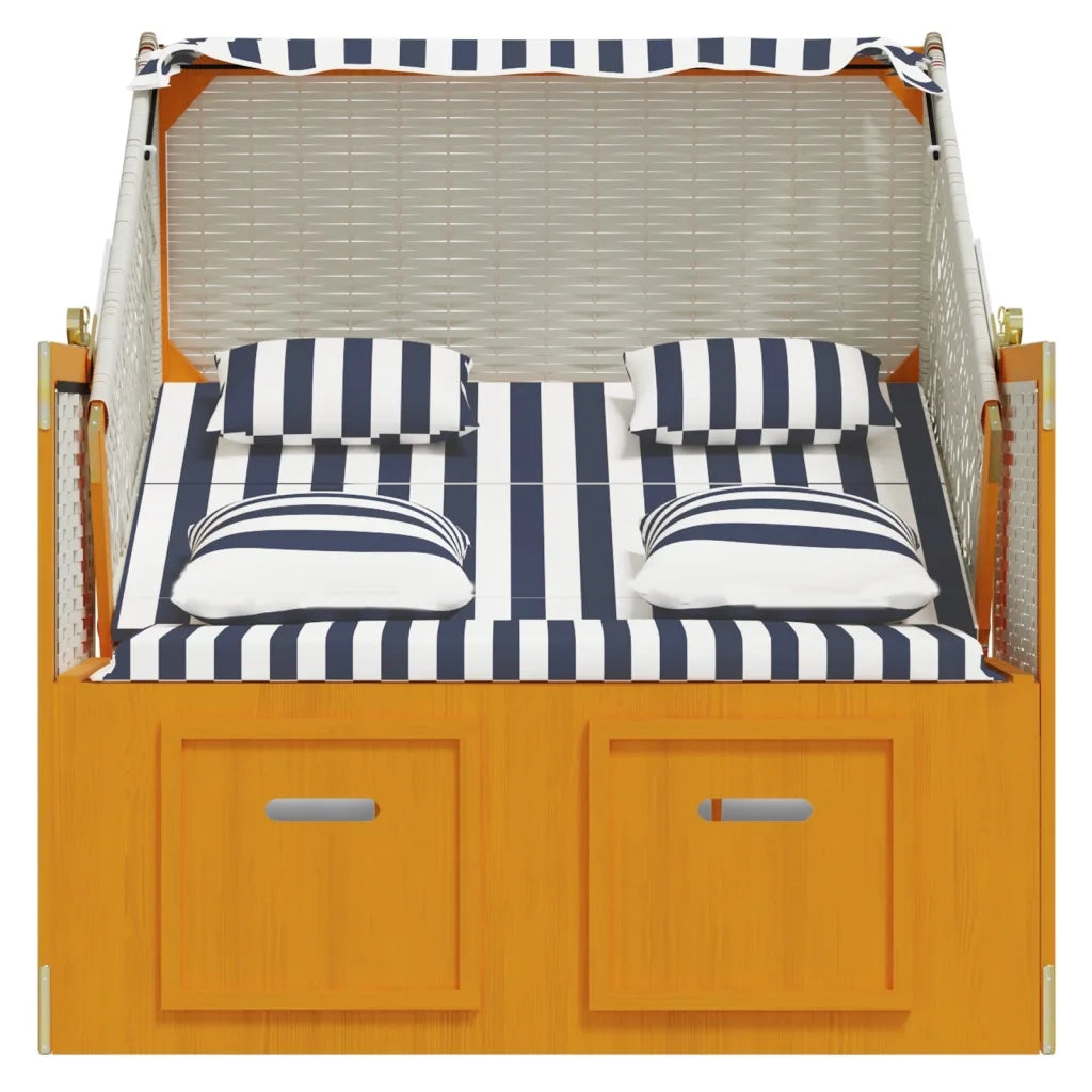 Strandkorb con Cuscini Polyrattan e Legno Massello Bianco e Blu