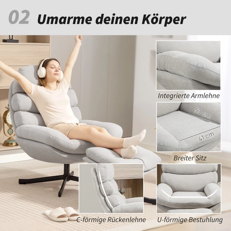 Poltrona relax con poggiapiedi in tessuto chenille crema 78x93x100 cm