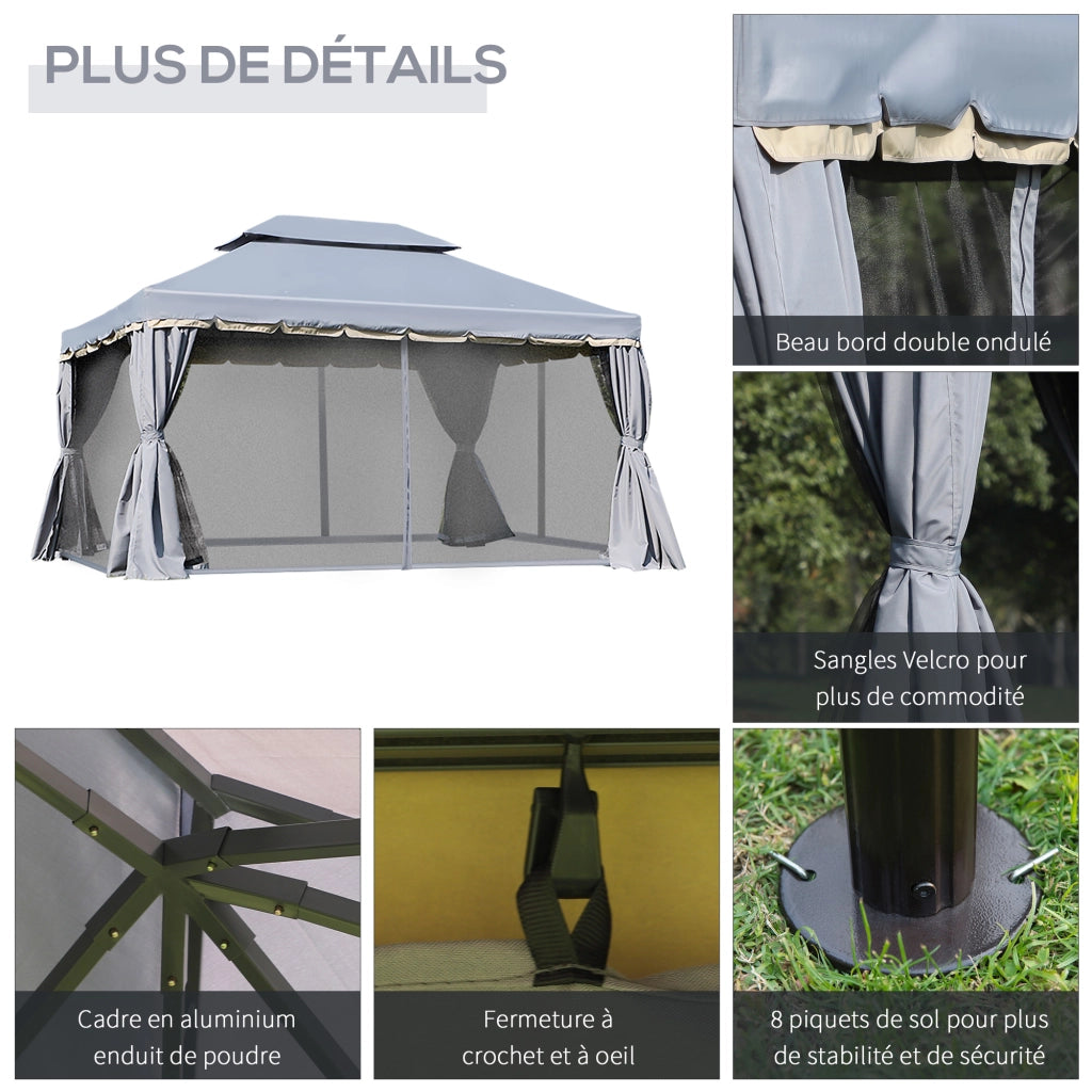 Gazebo per giardino esterno 4x3m con tetto doppio pareti e zanzariere grigio ¨C zephmum ¨C 400x300xH cm