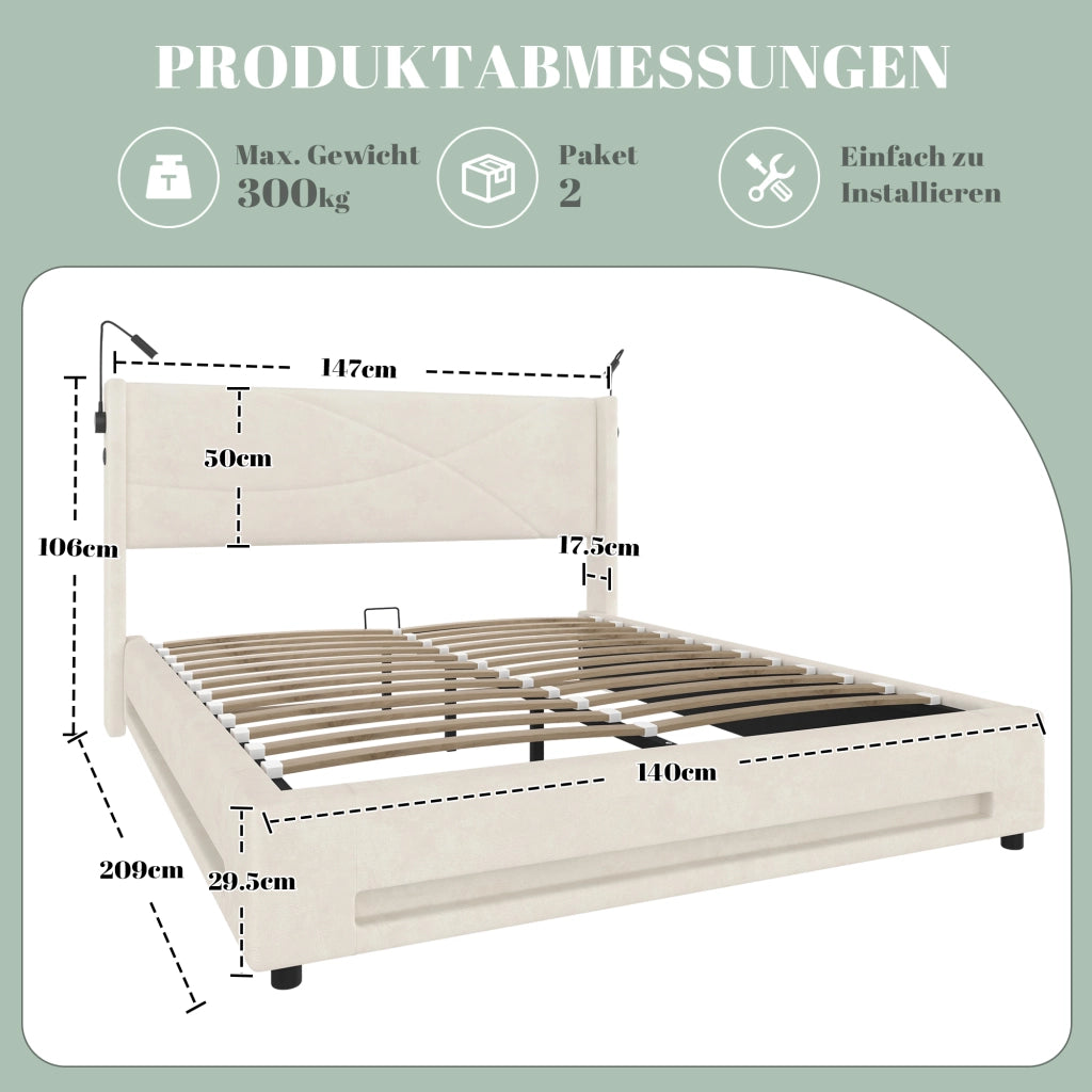 OKWISH Letto Contenitore 140×200 cm, Letto Matrimoniale con USB, Lampade da Lettura e LED Regolabile, senza Materasso, in Velluto, Beige