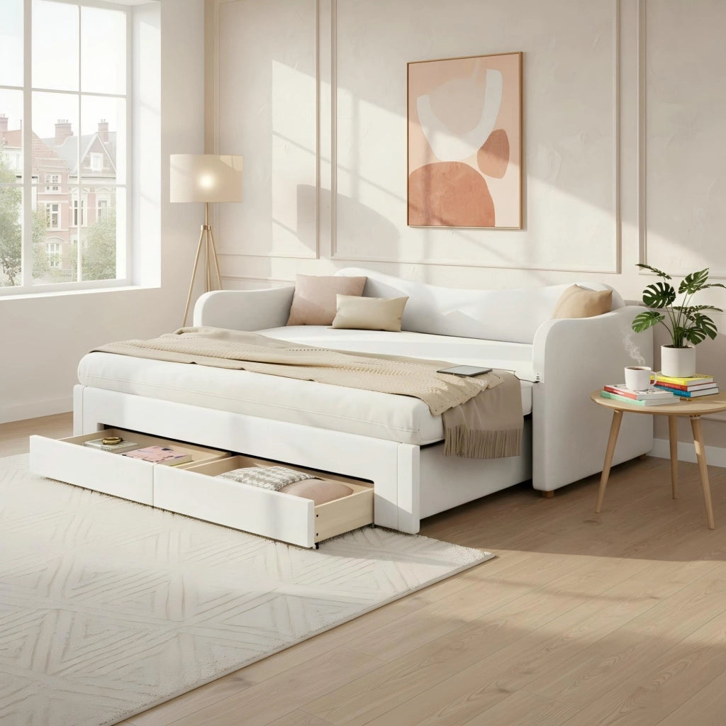 Letto imbottito estraibile 90x200 cm in velluto beige con 2 cassetti, porta USB e USB-C