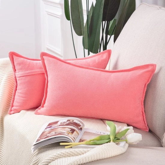 Set di 2 cuscini per divano in chenille corta, copricuscino morbido per divano, copricuscino morbido per cuscino da letto, rosa, 30 x 50 cm, rettangolare