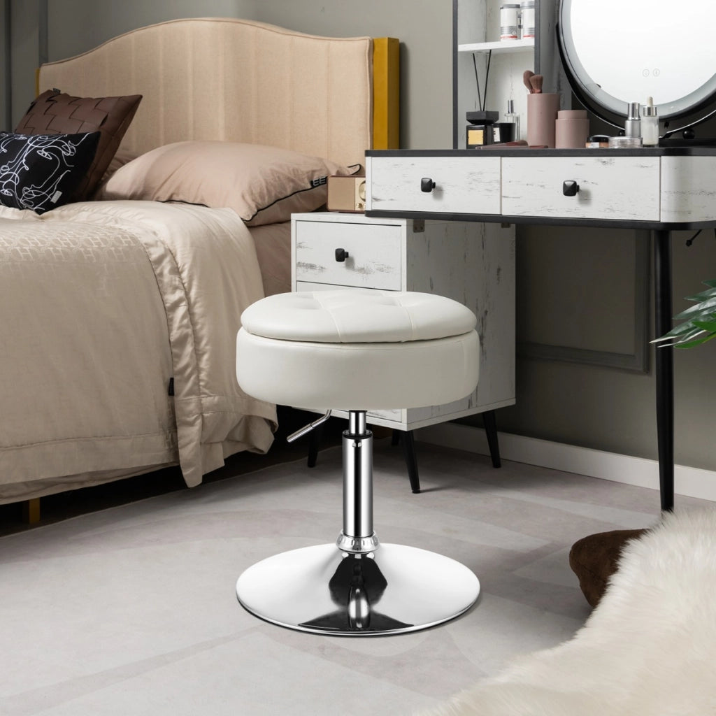 Sgabello girevole a 360¡ã per vanit¨¤ con portaoggetti, Sedia in pelle PU regolabile in altezza da 51-66cm Bianco-Sgabelli