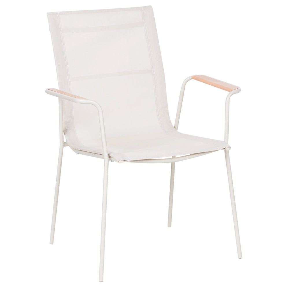 Set di 4 sedie da giardino con struttura in acciaio color beige chiaro, seduta e schienale in rete, verniciate a polvere, resistenti ai raggi UV e all'acqua, impilabili