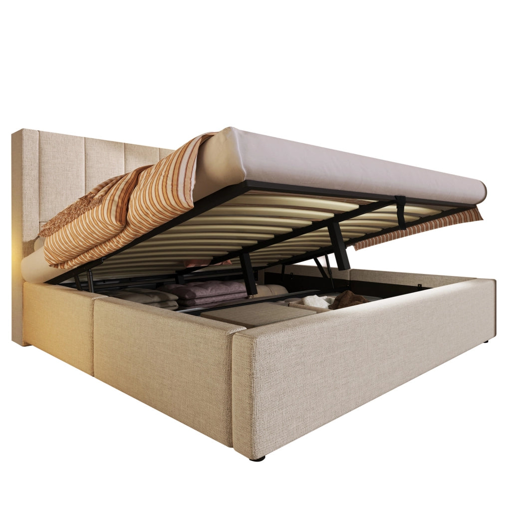 Letto imbottito 140x200 cm con contenitore, presa USB e portabicchieri