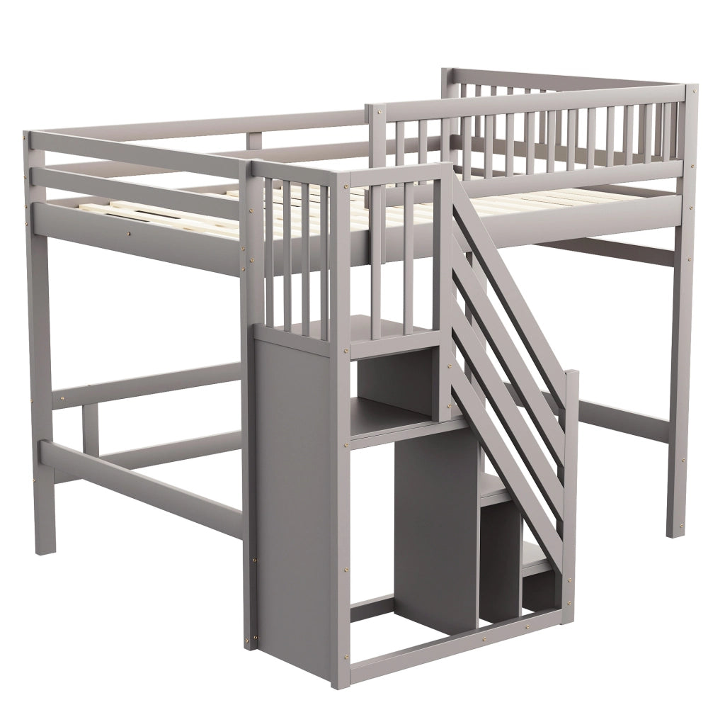 Letto a soppalco 140x200 cm con scala contenitore in legno grigio