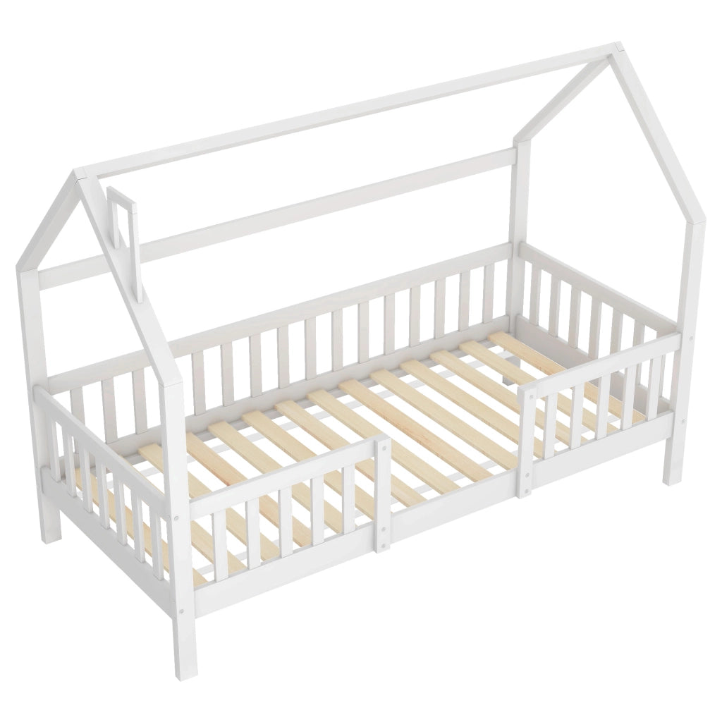 Letto a casetta per bambini 90x200 cm in legno di pino bianco con tetto e recinto, senza materasso