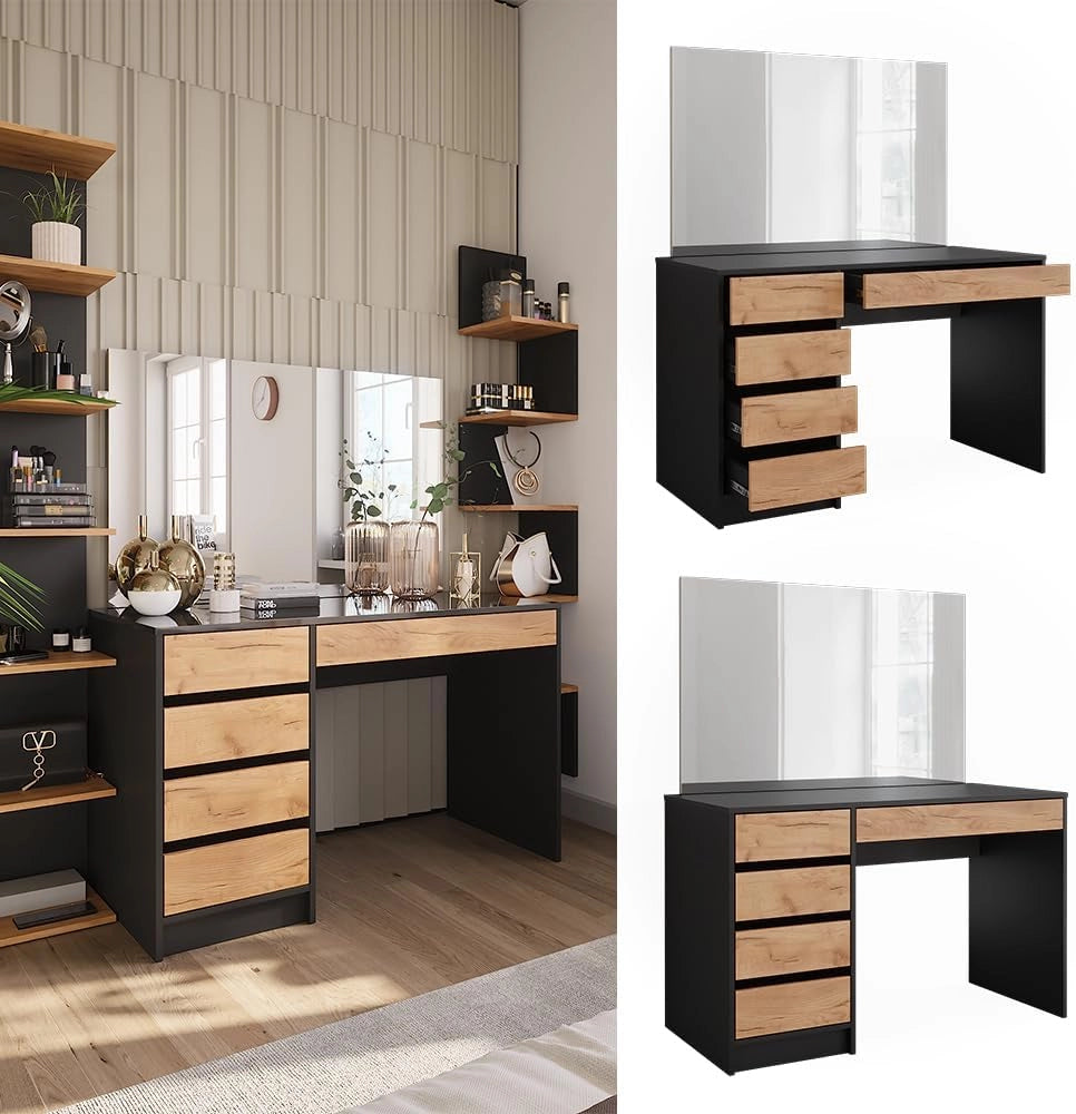 Tavolo da toilette Sherry, Antracite/quercia dorata, 120 x 75 cm con specchio, con specchio rettangolare per uso quotidiano