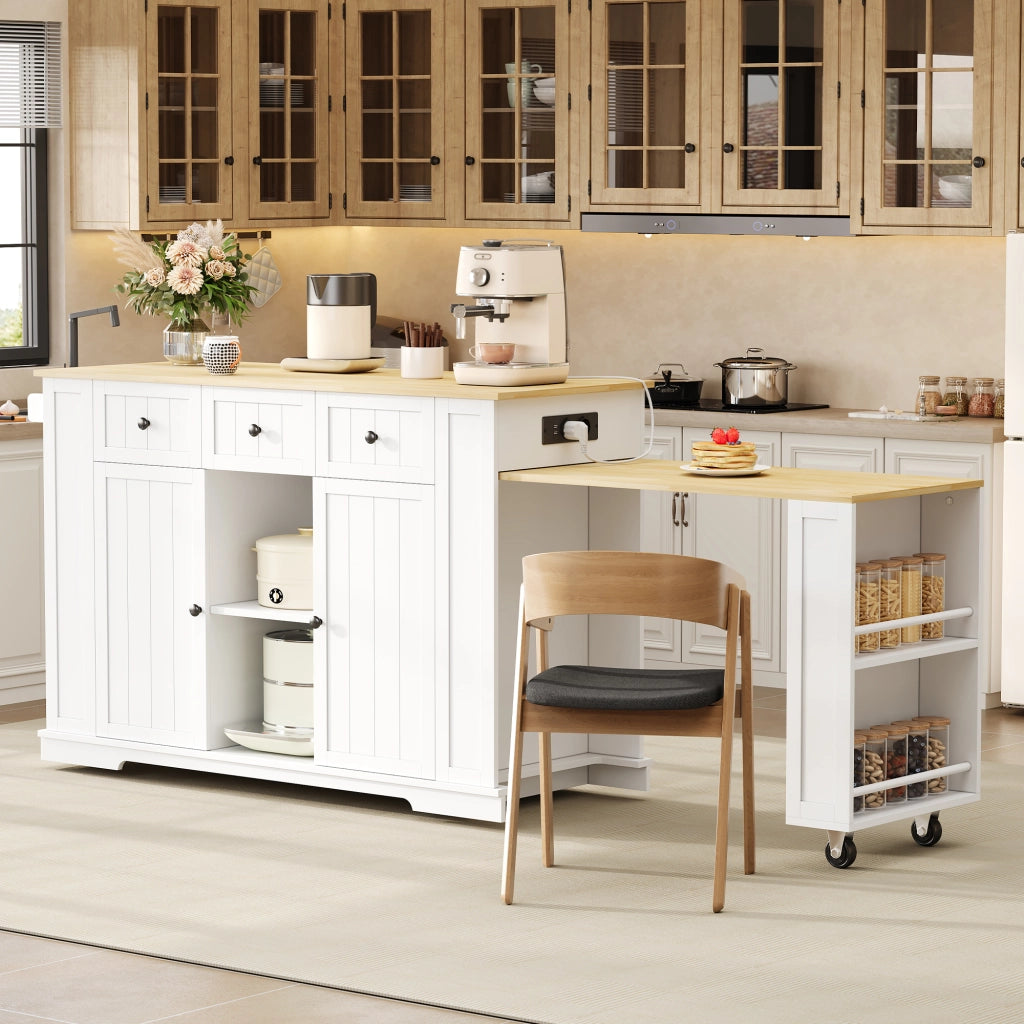 Carrello da cucina con tavolo estraibile, 2 ante, 2 cassetti, prese EU e USB, bianco naturale, 138 × 55 × 93 cm