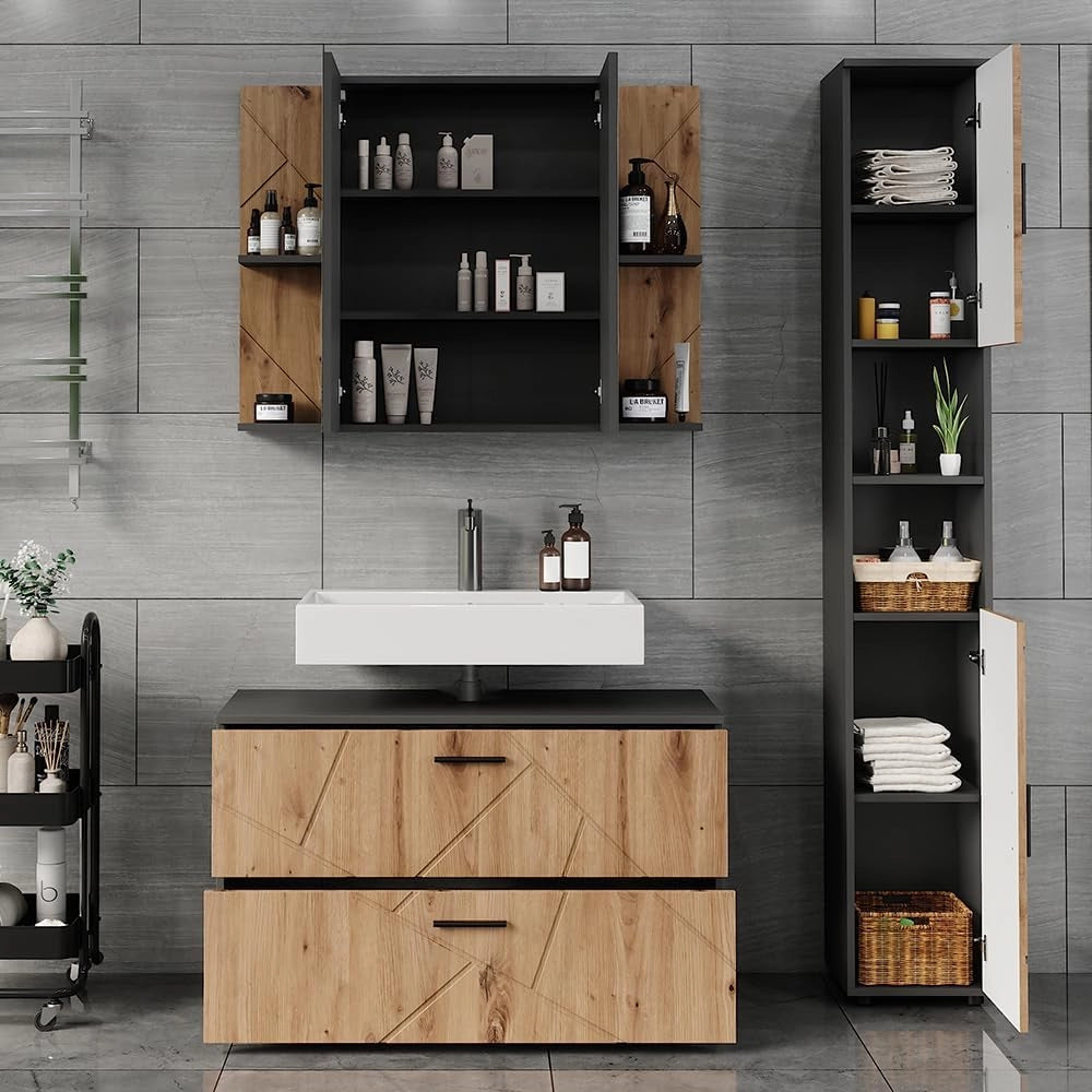 Set di mobili da bagno Irma, Antracite/Artisan, 100.1 cm, composto da mobile sottolavabo, specchiera e colonna alta