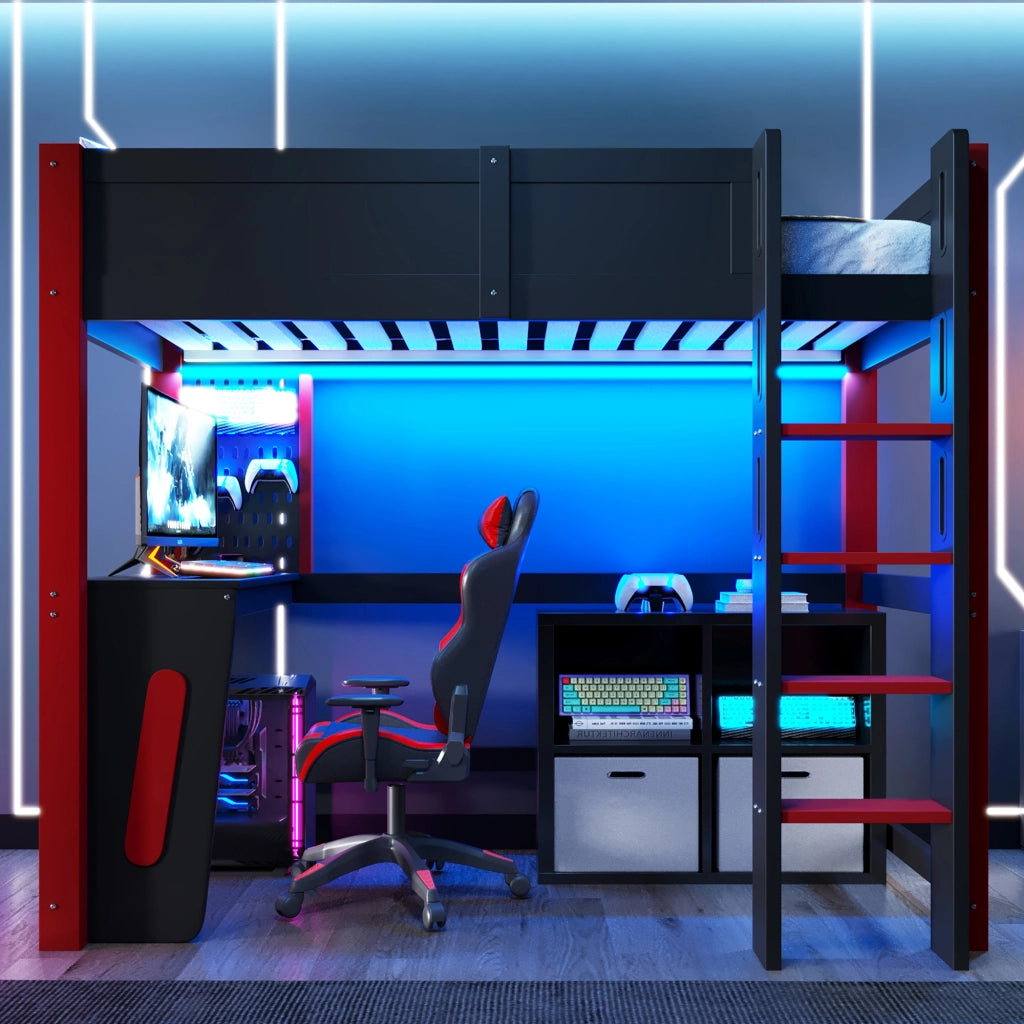 Letto a soppalco per bambini 90x200 cm, letto rialzato con scrivania integrata, pannello forato, illuminazione LED, pino, nero