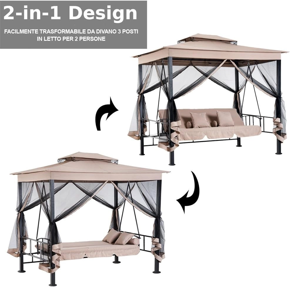 Gazebo Parasole da Giardino con Dondolo Letto e Zanzariere 3 posti, Modello Extra-Lusso Cleopatra, Amaca Altalena Trasformabile in Letto Matrimoniale, Colore Beige