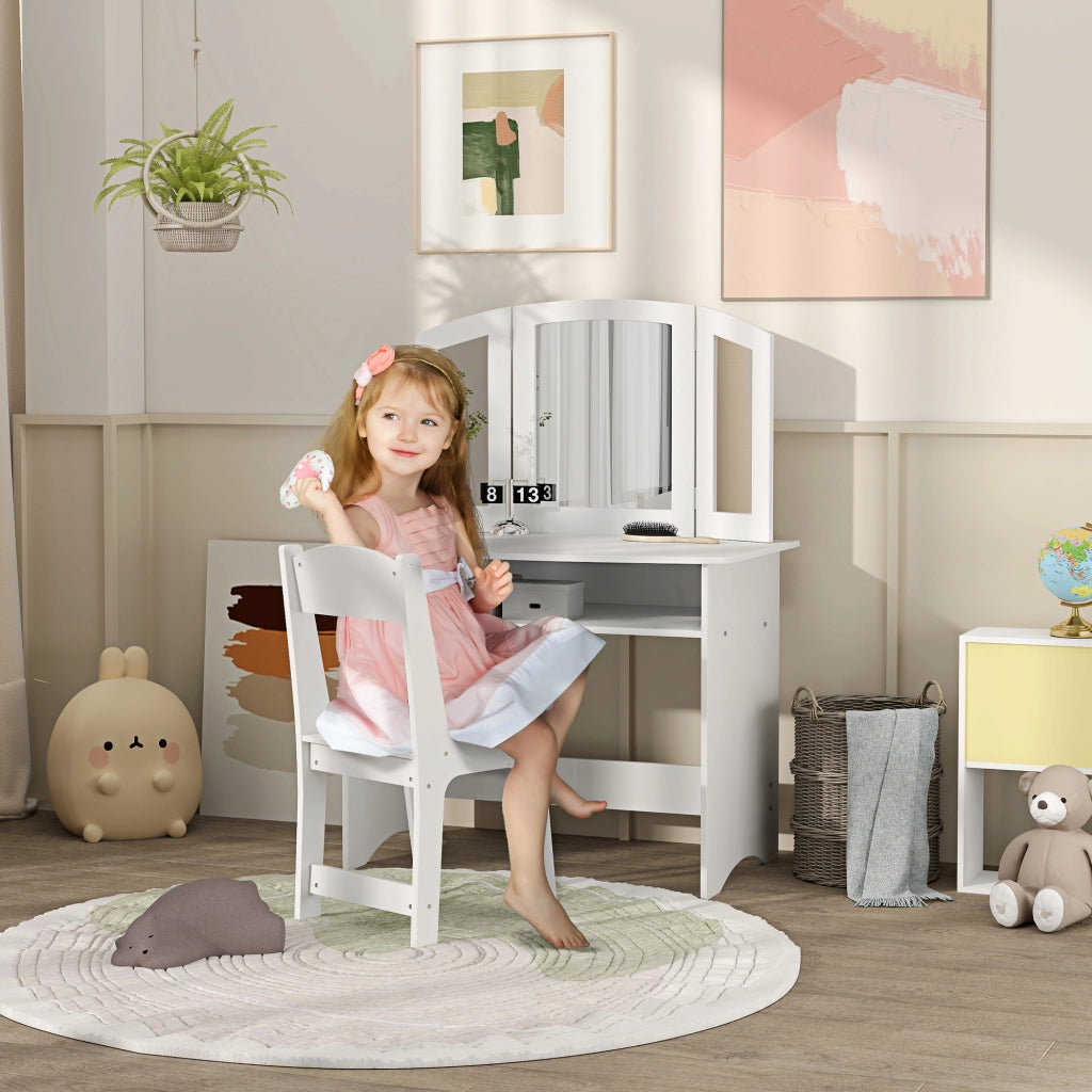 Tavolo trucco bambini con specchio triplo e sedia ¨C zephmum ¨C bianco